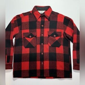 Men’s Woolrich 60’s Vintage Plaid Button Wool Shirt Jacket, Large, Red/Black